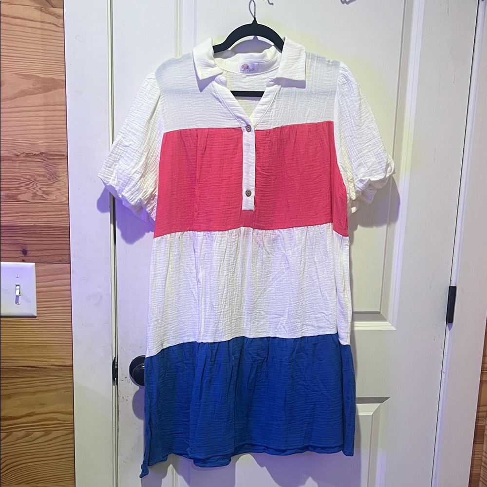 Colorblock Shirt Dress in Pink, White, and Blue